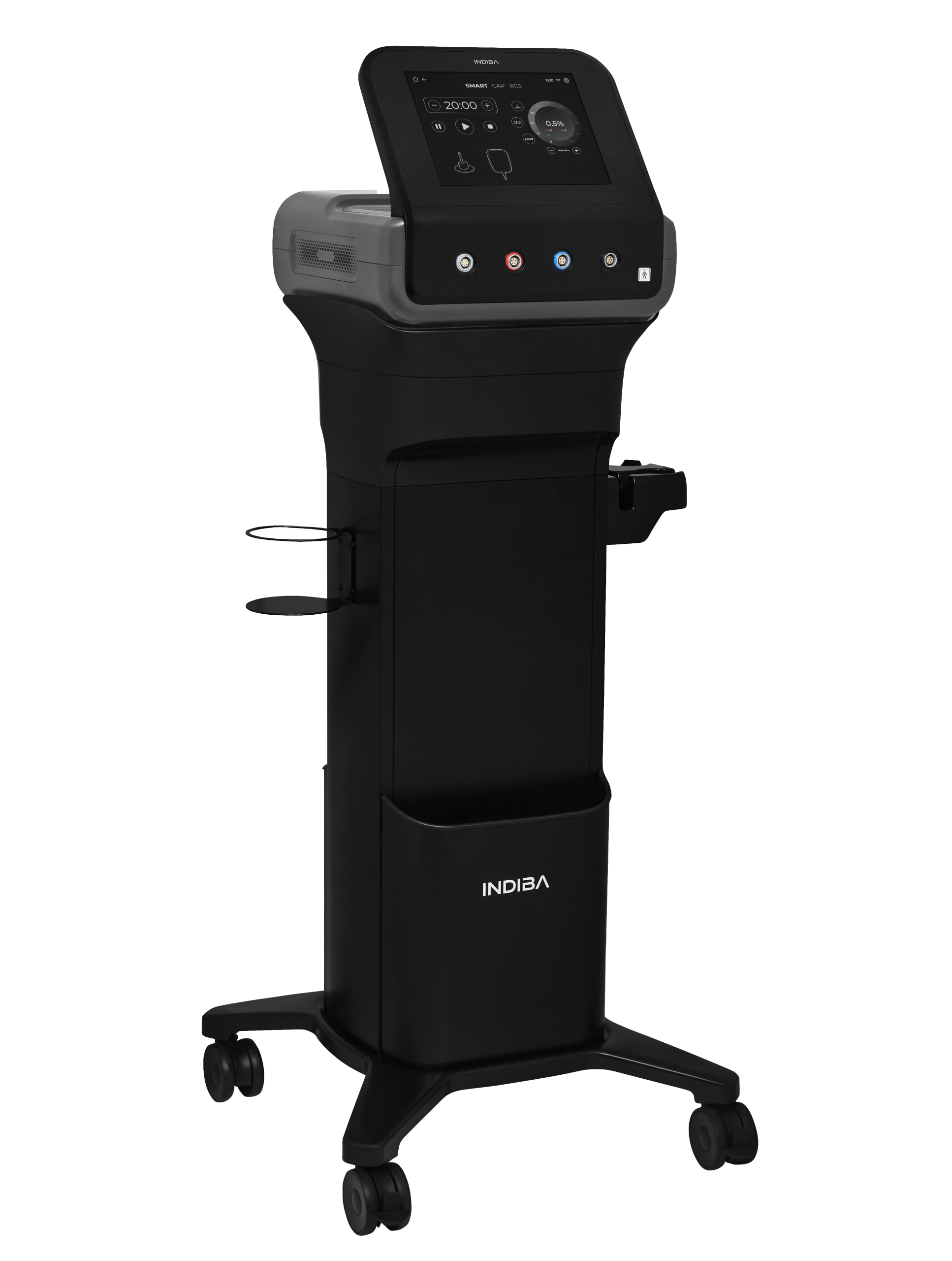 A black medical or aesthetic device on wheels with a digital display screen and control panel, labeled "INDIBA.